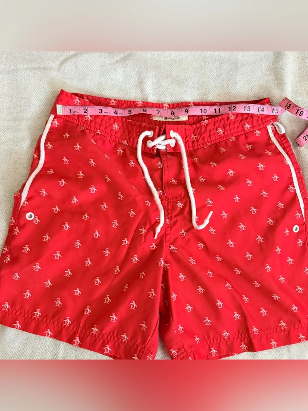 An original PENGUIN Men Swim Short Red Micro Penguin Logo Pattern 30W